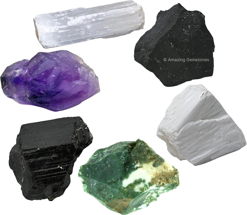 House Protection Crystal Set - Amethyst, Scolecite, Black Tourmaline, Selenite, and Moss Agate